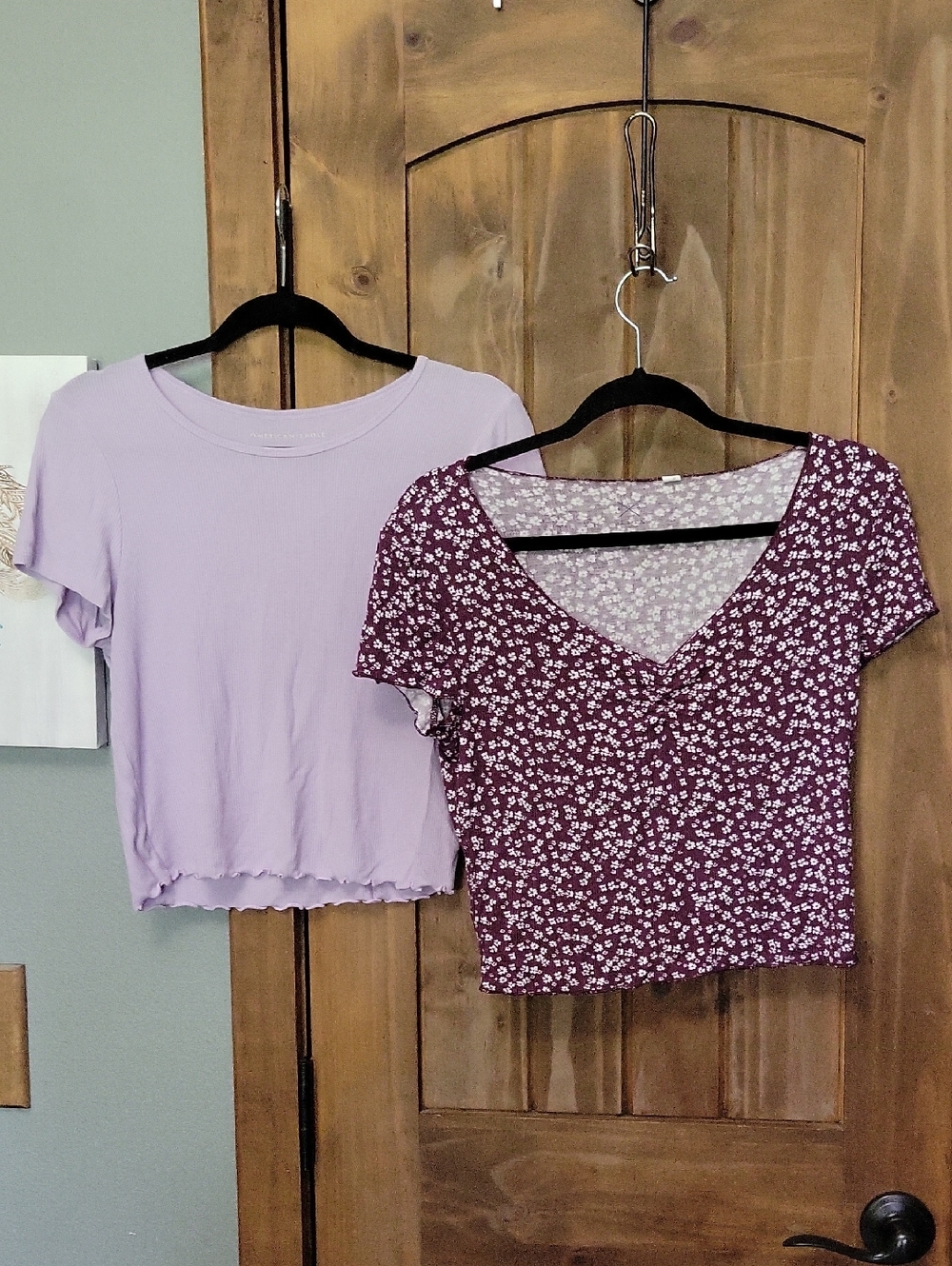 Women’s Lavender Ribbed Tee & Burgundy Floral V-Neck Crop Top Set